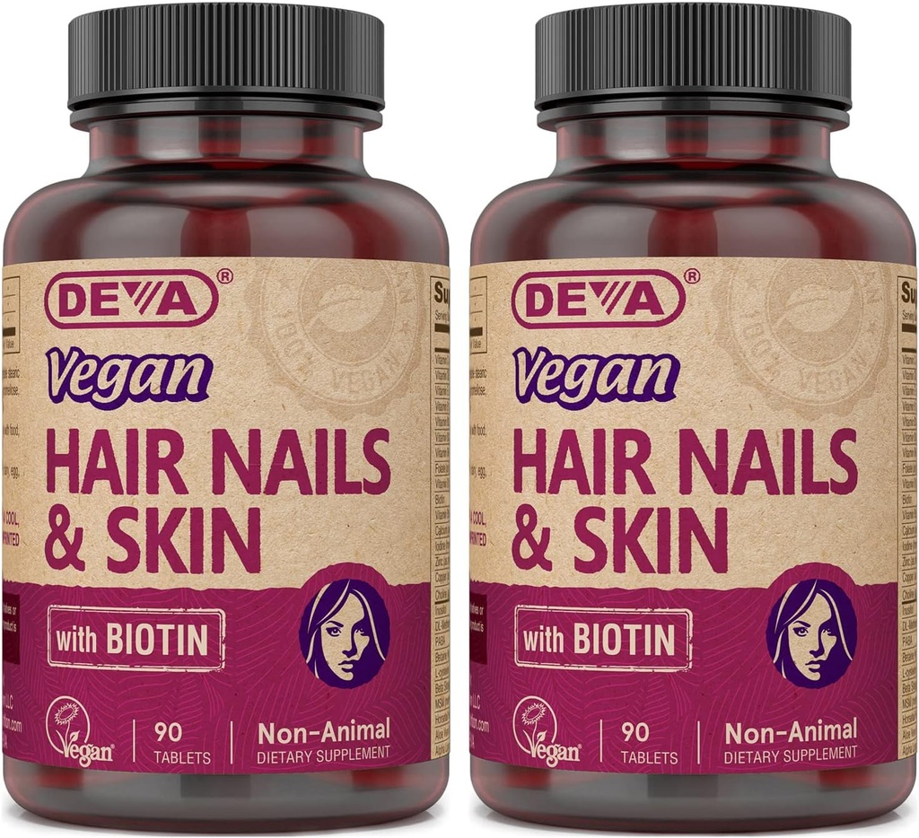 DEVA Vegan Vitamins Hair, Nails & Skin Supplement with 500 mcg of Biotin Per Tablet 90 Tablets (Pack of 2)
