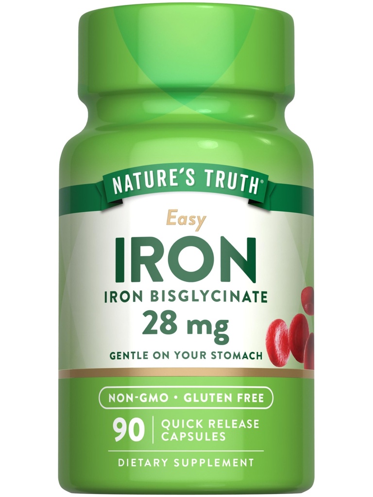 Nature's Truth Iron Supplement for Women & Men | 28 mg | 90 Capsules | Iron Bisglycinate | Non-GMO, Gluten Free