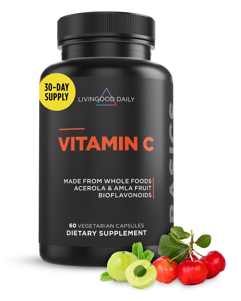 Livingood Daily Vitamin C Supplement, 3-σε-1 Πλήρης βάση τροφίμων Βιταμίνη C με εκχύλισμα φρούτων Acerola & Amla και βιοφλαβονοειδή εσπεριδοειδών για ανοσοποιητική υποστήριξη, Vegan, Χωρίς γλουτένη, Μη ΓΤΟ, 60 κάψουλες