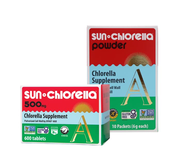 Sun Chlorella Δύο φορές ως Νίκαια Bundle 2ct 500mg Wellness Σώμα Πράσινο άλγη Superfood συμπλήρωμα 600 δισκία Plus σκόνη Πράσινο άλγη Superfood συμπλήρωμα 10x6g Πακέτα