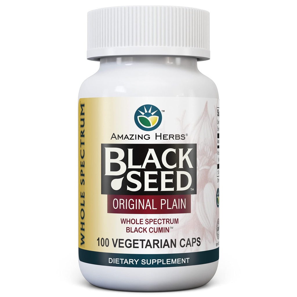 Amazing Herbs Whole Spectrum Black Seed Original Plain, Vegetarian Capsules - Χωρίς γλουτένη, Μη ΓΤΟ, Ψυχρή Πατημένη Nigella Sativa Aids in Digestive Health - 100 Count, 475mg