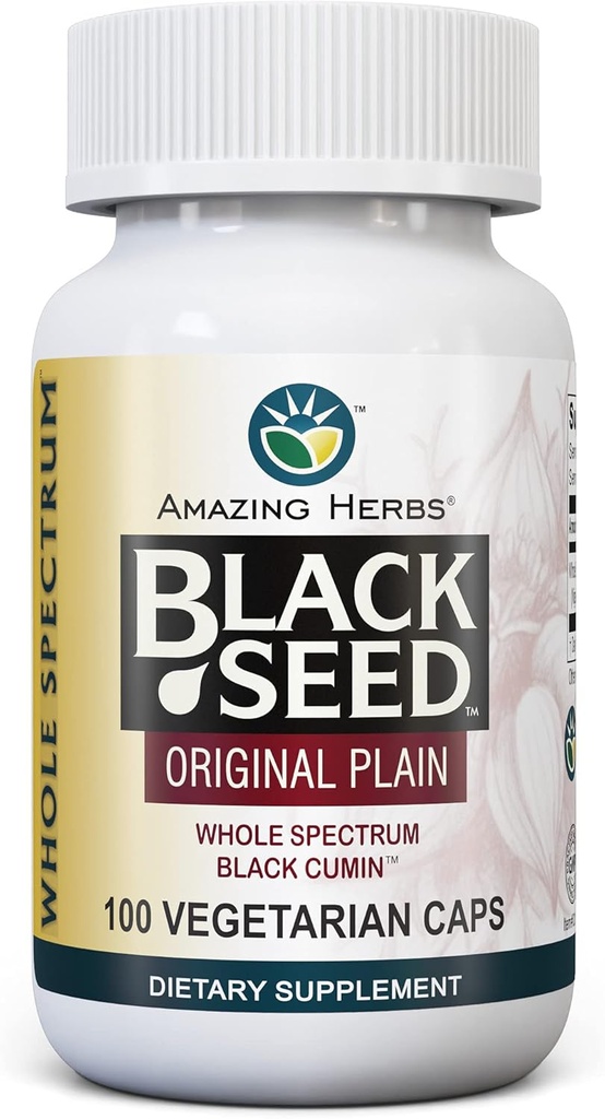 Amazing Herbs Whole Spectrum Black Seed Original Plain, Vegetarian Capsules - Χωρίς γλουτένη, Μη ΓΤΟ, Ψυχρή Πατημένη Nigella Sativa Aids in Digestive Health - 100 Count, 475mg
