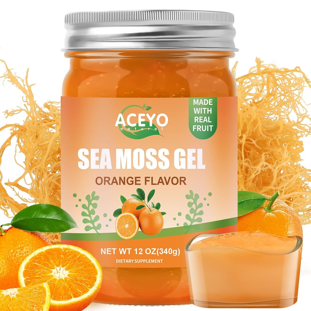 ACEYO (12 OZ) Sea Moss Gel Organic Raw Vegan Orange Flavored Irish Seamoss 102 Βιταμίνες και Ορυκτά Άγρια Συγκομιδή Μη-ΓΤΟ Ανοσοποιητικό αμυντικό ενισχυτή Thyroid