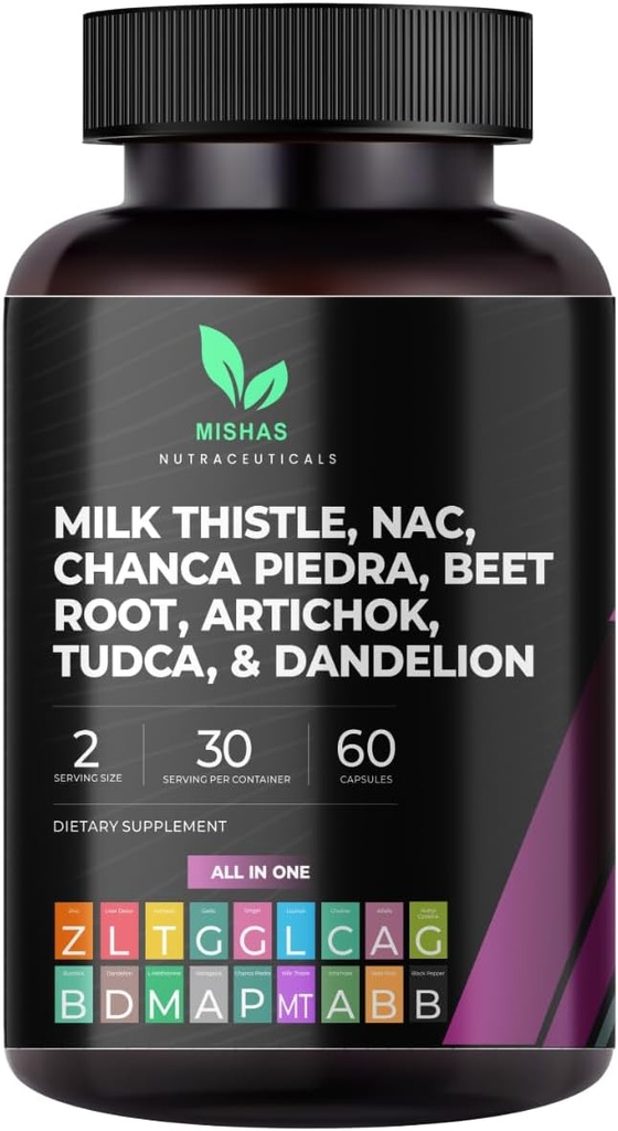 Mishas Nutraceuticals Milk Thittle Dandelion Root, NAC και TudCA συμπλήρωμα – Υποστηρίζει την υγεία του ήπατος, το συκώτι καθαρισμού Detox, νεφρών και αναπνευστικό σύστημα υγείας & πέψης – 60 κάψουλες Vegan