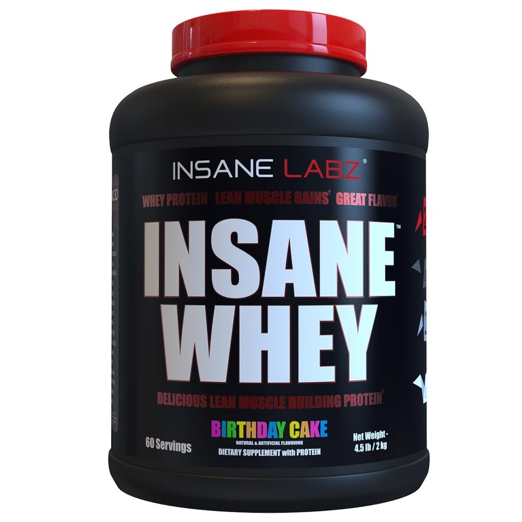 Insane Labz Insane Whey,100% πρωτεΐνη ορού ορού μυός οικοδόμησης, μετά την προπόνηση, BCAA Amino Προφίλ, Μαζική Gainer, Αντικατάσταση γεύματος, 5lbs, 60 Srvgs, (Cake Birthday)