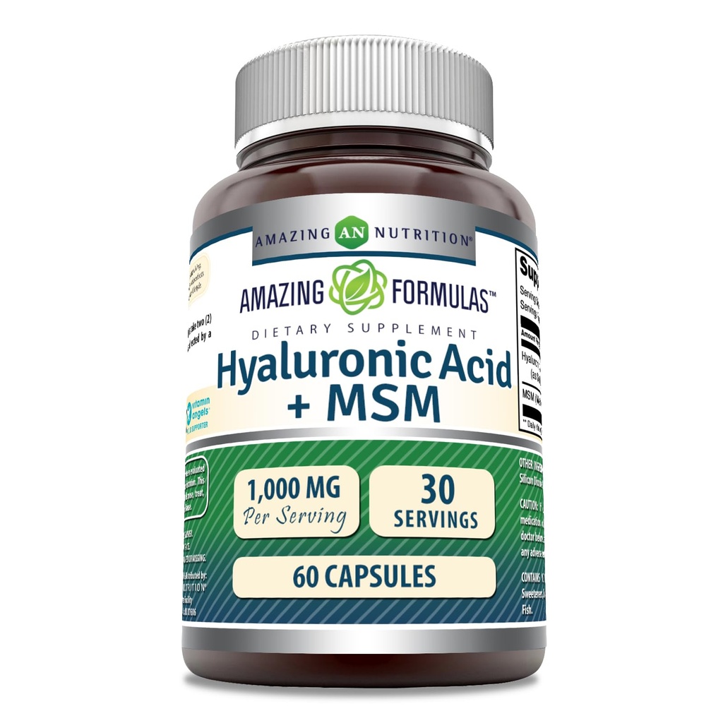 Amazing Formulas Hyaluronic Acid & MSM Supplement | 1000 Mg Per Serving | Capsules | Non-GMO | Gluten Free | Made in USA (60 Count | 1 Pack)