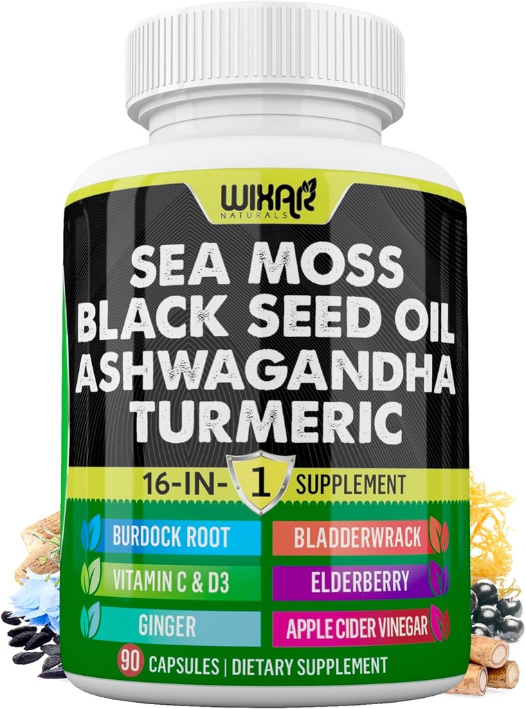 Wixar Sea Moss 3000mg Black Seed Oil 2000mg Ashwagandha 1000mg Turmeric 1000mg Bladderwrack 1000mg Burdock 1000mg & Βιταμίνη C & D3 με Elderberry Dandelion Yellow Dock Chlorophyl ACV - 90 κάψουλες