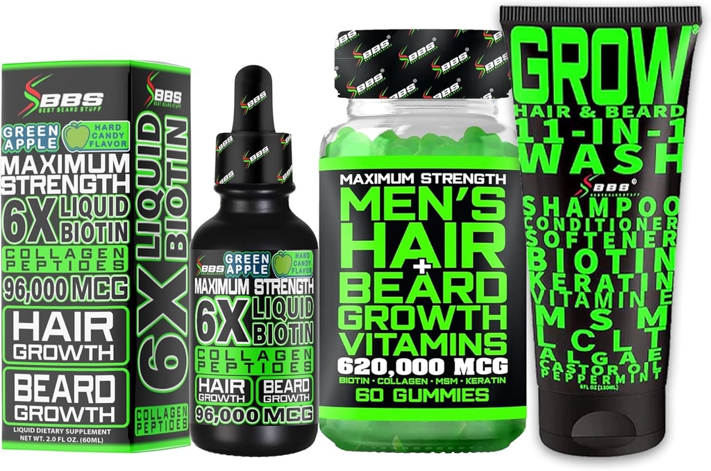 Γενετική Κιτ Ανάπτυξης w/Grow 11-σε-1 Σαμπουάν για την ανάπτυξη των μαλλιών για τους άνδρες & Conditioner w/Biotin + Γενετική ανάπτυξη Βιταμίνες & ανάπτυξη των μαλλιών Βιταμίνες για τους άνδρες + 6X υγρή βιοτίνη με κολλαγόνο - Formulated in America