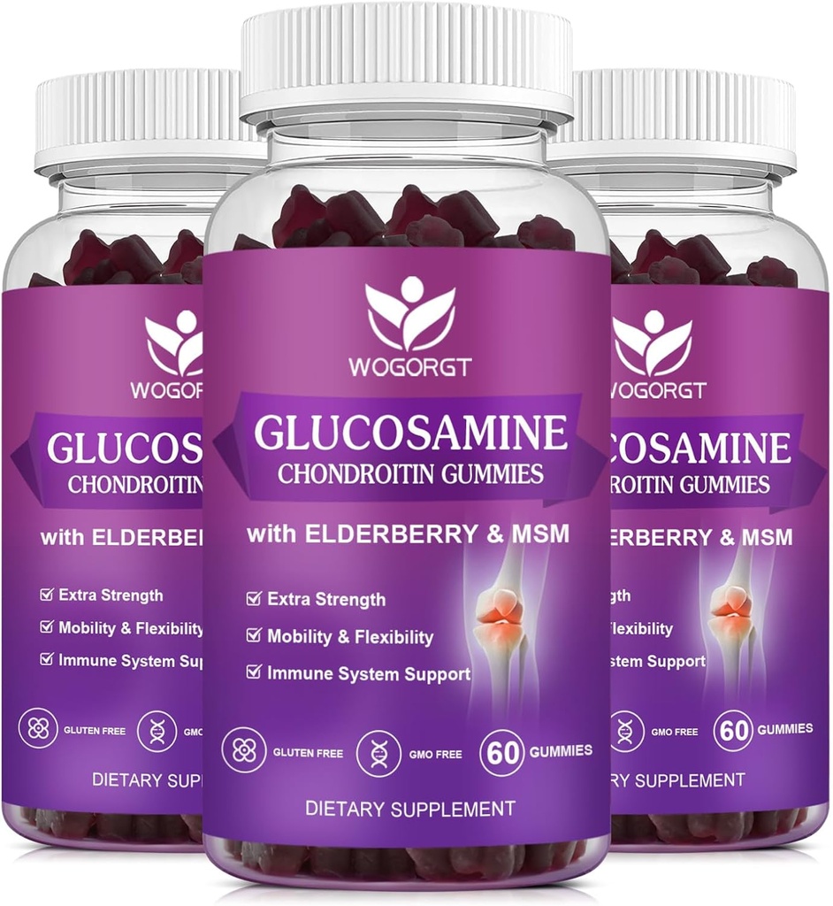 Glucosamine Chondroitin Gummies με MSM & Elderberry - 1500mg Glucosamine Chondroitin Gummies Συμπλήρωμα για Ευελιξία και Ανοσολογική Υποστήριξη για Άνδρες & Γυναίκες, 60 Gummies (3 Pack)