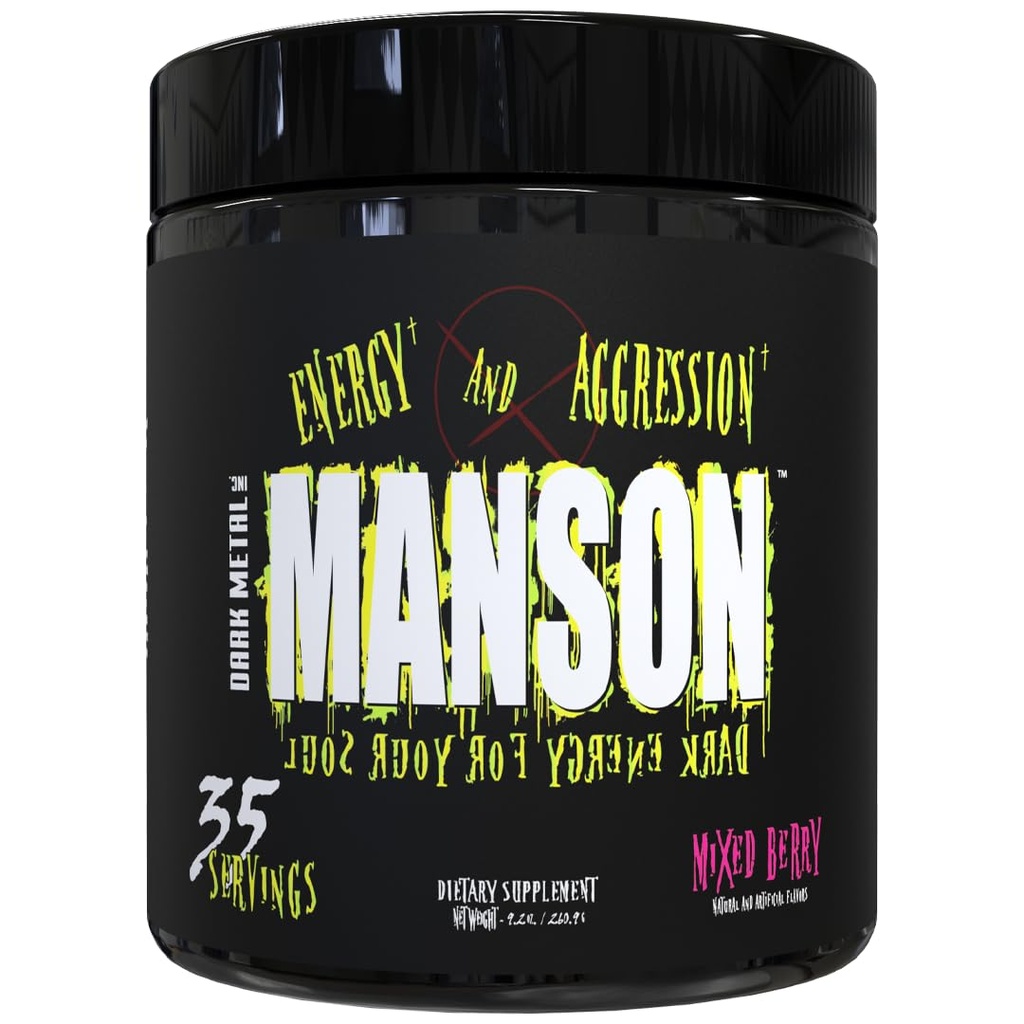 DARK METAL Inc Manson High Stim Pre Workout Powder, Energy Focus Strength, Φορτωμένο με Beta Alanine L Carnitine Caffeine Infinergy, 35 Srvgs, Mixed Berry