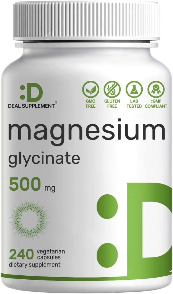 Deal Supplement Magnesium Glycinate 500mg, 240 Veggie Capsules | 100% Chelated for Easy Absorption | Essential Mineral Supplement | Non-GMO, Gluten-Free