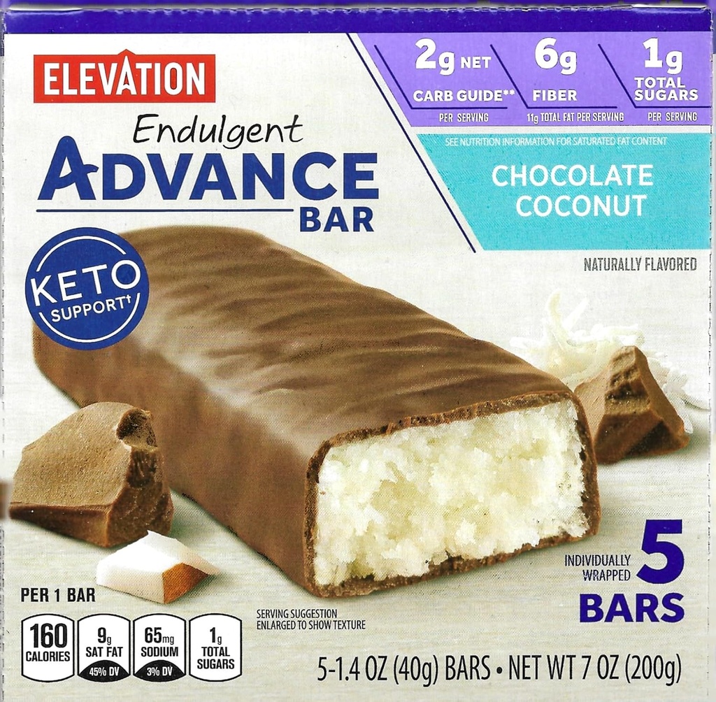 Millville Elevation Advance Σοκολάτα Coconut Bars, Carb Consciious, 5g πρωτεΐνη, με συνταγές. Ένα κουτί των 5, 1.4oz ατομικά τυλιγμένα μπαρ.