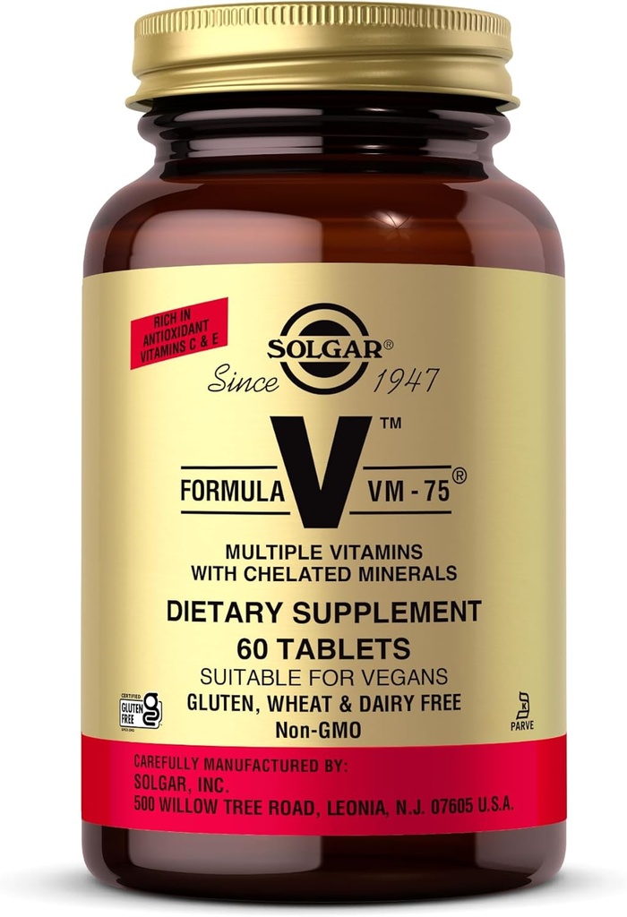 Solgar Formula VM- 75, 60 δισκία - Πολυβιταμίνη με Χηλικά Ορυκτά - Βιταμίνη A, B6, B12, C, D, E - Βιοτίνη, Μαγνήσιο, Ασβέστιο, Σίδηρος, Ψευδάργυρος - Vegan, Χωρίς γλουτένη, Γαλακτοκομικά, Kosher - 60 Σερβιέτες