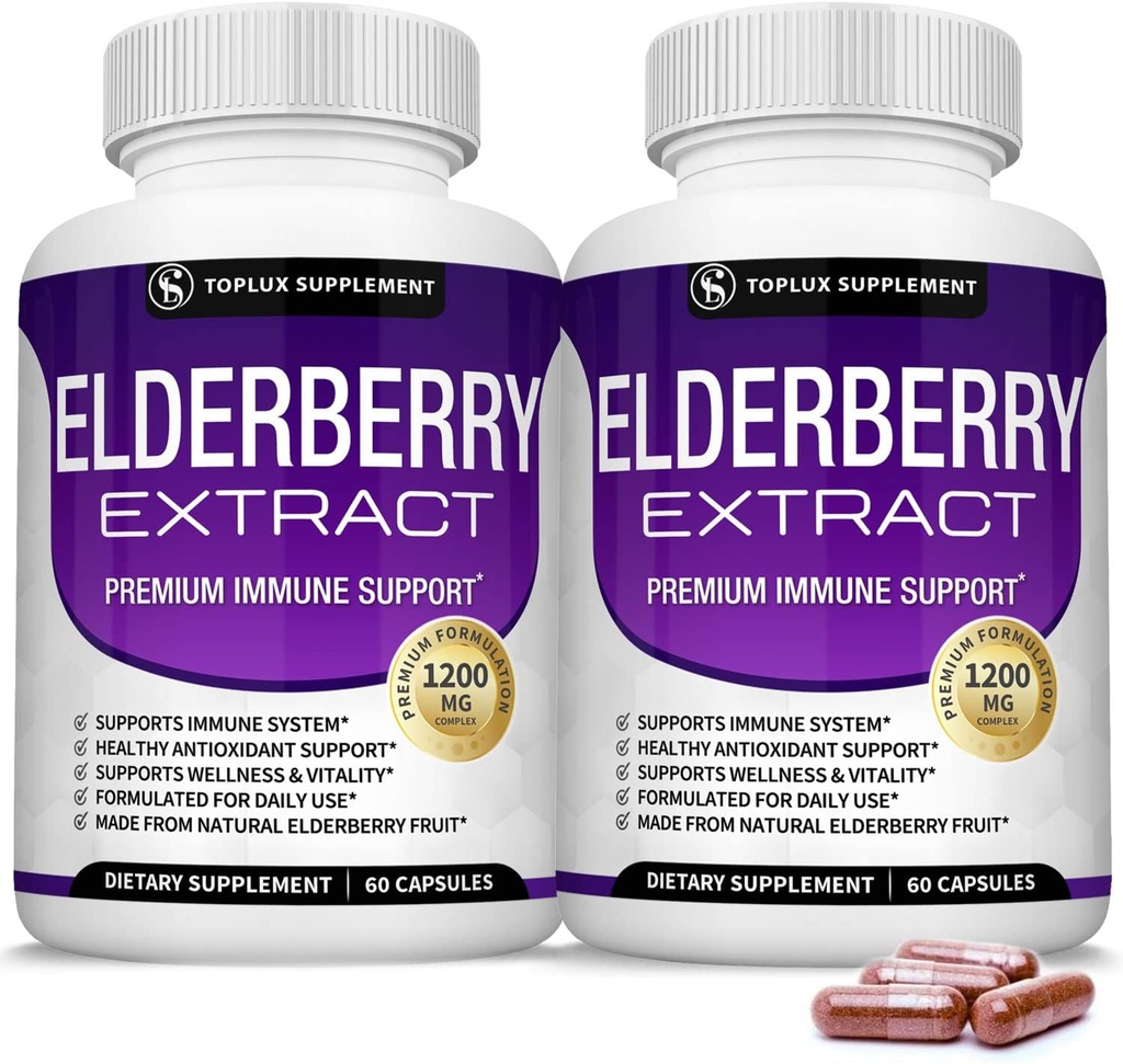 Organic Elderberry Capsules with Sambucus Extract - Pure Elderberry Fruit for Immune Support, Skin Health & Powerful Antioxidant, Boost Immunity for Men & Women, 60 Veggie Capsules, Non-GMO & No Sugar