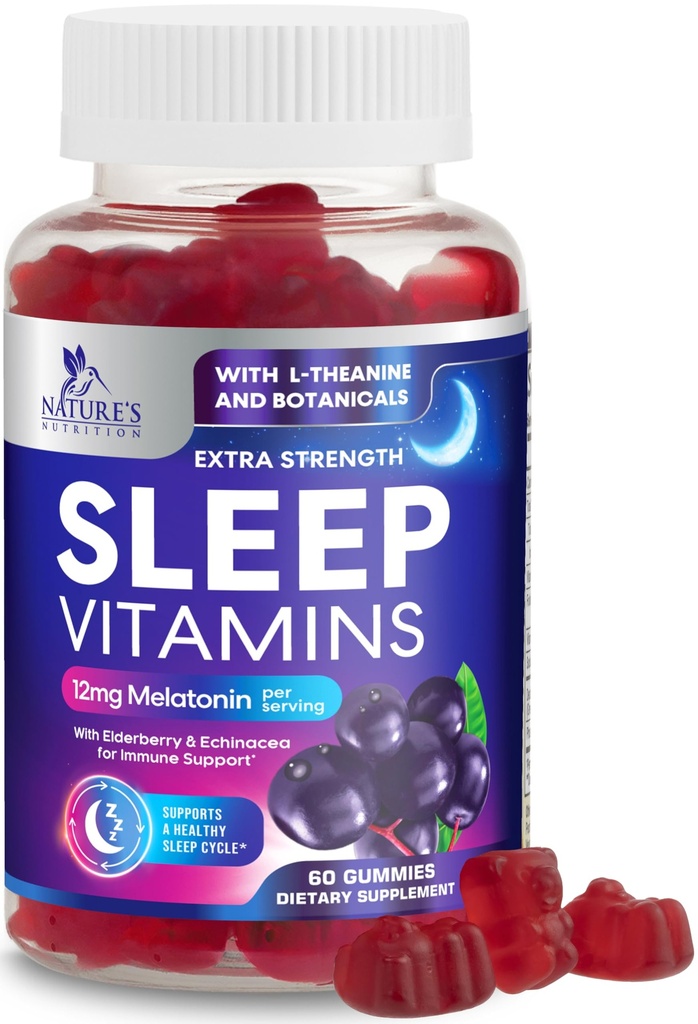 Gummies ύπνου με μελατονίνη 12 mg - Extra Strength Sleep Vitamin Gummy, Natural Melatonin Gummy, Occasional Sleep Supplement for Adults, Vegan, Non-GMO, Gomitas para Dormir - 60 Gummies
