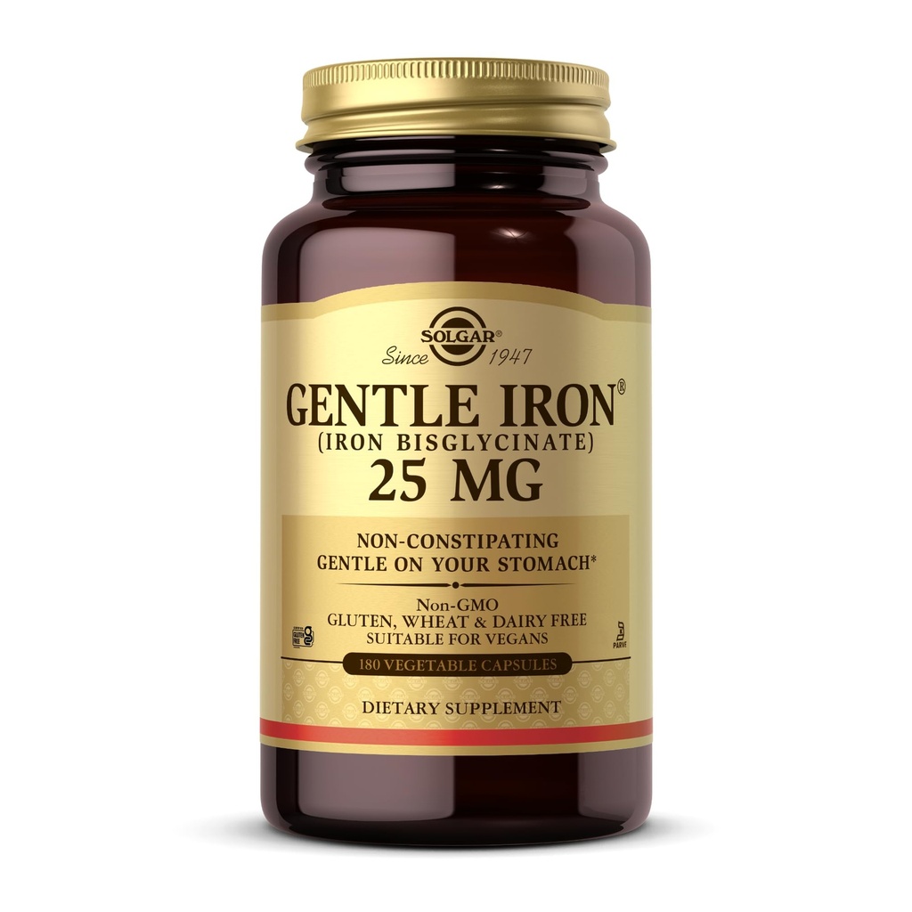 Solgar Gentle Iron (Iron Bisglycinate) 25 mg - 180 κάψουλες λαχανικών - Μη Συντηρητικό, Απαλό στο στομάχι σας - Μη ΓΤΟ, Χωρίς γλουτένη - 180 Σερβιέτες