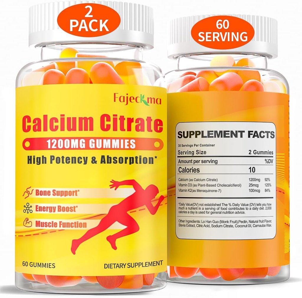 1200mg Ασβέστιο Κιτρικό Gummies για Ενηλίκους: Συμπλήρωμα χωρίς ζάχαρη Vegan Βιταμίνης με D3 K2 - Γυναίκες Άνδρες Υψηλή Απορρόφηση Συμπλήρωμα για Οστά Δόντια (60 Count(Pack of 2))