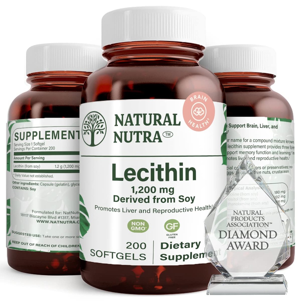 Natural Nutra Soy Lecithin 1200 mg Συμπλήρωμα διατροφής - λειτουργία εγκεφάλου, ηπατική υγεία, βελτίωση της υγείας των προγόνων, συμπλήρωμα ενίσχυσης - χωρίς γλουτένη, BPA-free, 200 Softgels σε ανακυκλώσιμα γυάλινα μπουκάλια