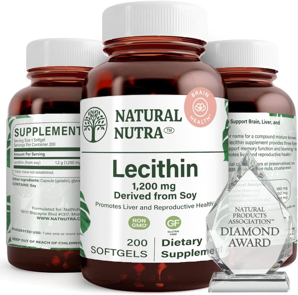 Natural Nutra Soy Lecithin 1200 mg Συμπλήρωμα διατροφής - λειτουργία εγκεφάλου, ηπατική υγεία, βελτίωση της υγείας των προγόνων, συμπλήρωμα ενίσχυσης - χωρίς γλουτένη, BPA-free, 200 Softgels σε ανακυκλώσιμα γυάλινα μπουκάλια