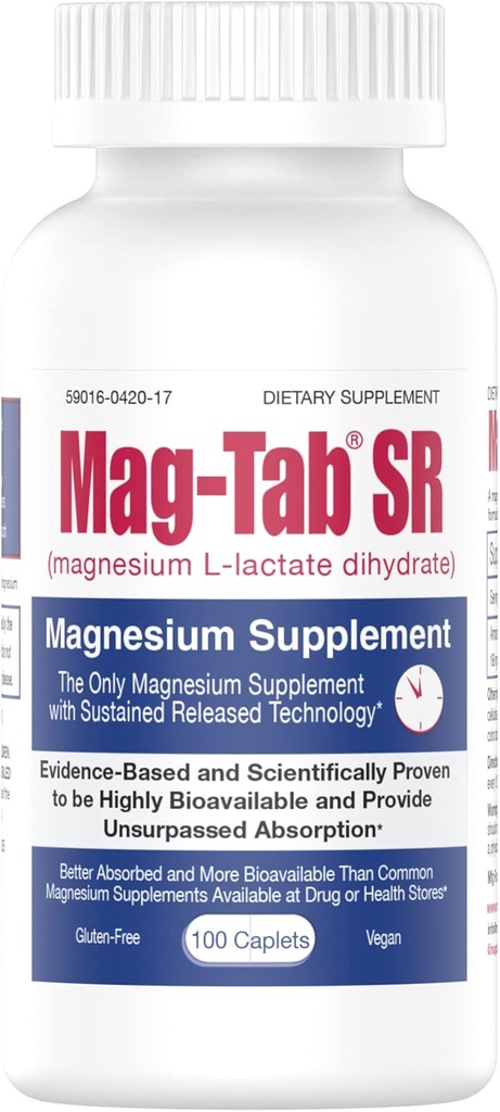 Extended Release Magnesium Lactate Delivery for 10x Better Absorption-Mag-Tab SR (Sustained Release) 100 Count-Supports Sleep, Muscle Cramps, Magnesium Deficiency Health Issue