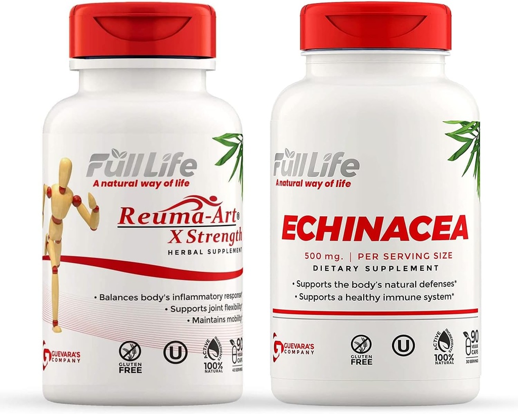 Full Life Reuma-Art X Strength and Echinacea Capses - Κοινό συμπλήρωμα υποστήριξης - Echinacea Purpurea Extract - Kosher, Gluten-free - 90 Veggie κάψουλες κάθε μία