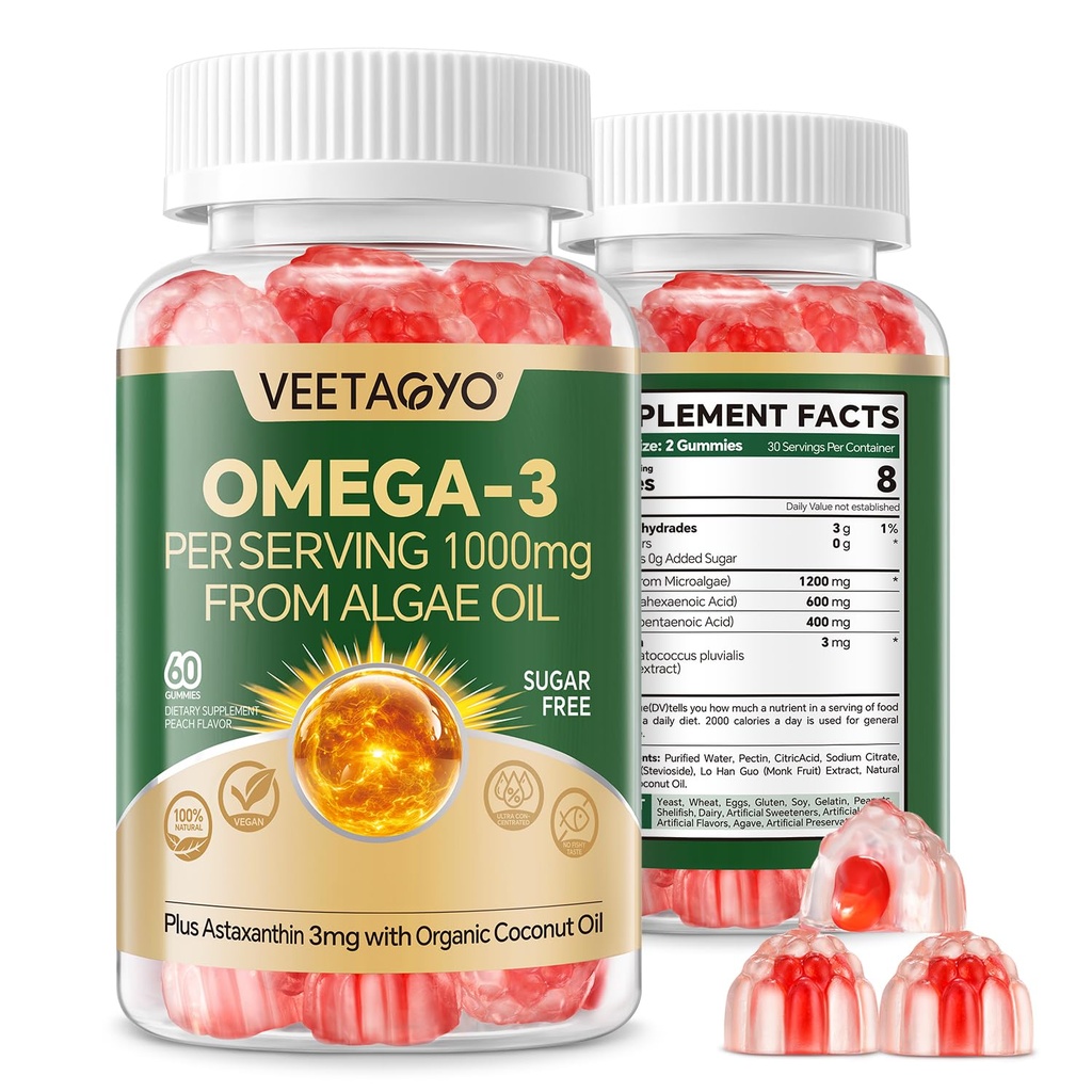 Vegan Omega 3 Gummies 1200mg - Dual Layer - Fish Oil Εναλλακτική, Marine Algae Omega 3 Συμπλήρωμα DHA 600mg, EPA 400mg με Ασταξανθίνη, Χωρίς ζάχαρη,60 Cts