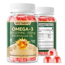 Vegan Omega 3 Gummies 1200mg - Dual Layer - Fish Oil Εναλλακτική, Marine Algae Omega 3 Συμπλήρωμα DHA 600mg, EPA 400mg με Ασταξανθίνη, Χωρίς ζάχαρη,60 Cts
