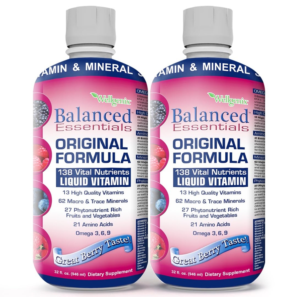 Wellgenix Balanced Essentials Plus Νέα Φόρμουλα - Berry Flavor 32oz (πακέτο των 2) - Υγρή Βιταμίνη - Πλήρης Multivitamin Συμπλήρωμα - Ανοσοποιητική ενίσχυση & Γενική Υγεία - Ενήλικες, Παιδιά, Τοντλερς