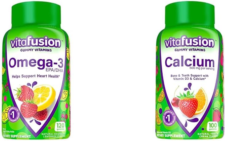 Vitafusion Omega-3 Gummy Βιταμίνες, Berry Λεμονάδα Γεύση, Υγεία της Καρδιάς Βιταμίνες(1) & Μασώμενο Ασβέστιο Gummy Βιταμίνες για την υποστήριξη των οστών και των δοντιών, Φρούτα και Κρέμα Γεύση