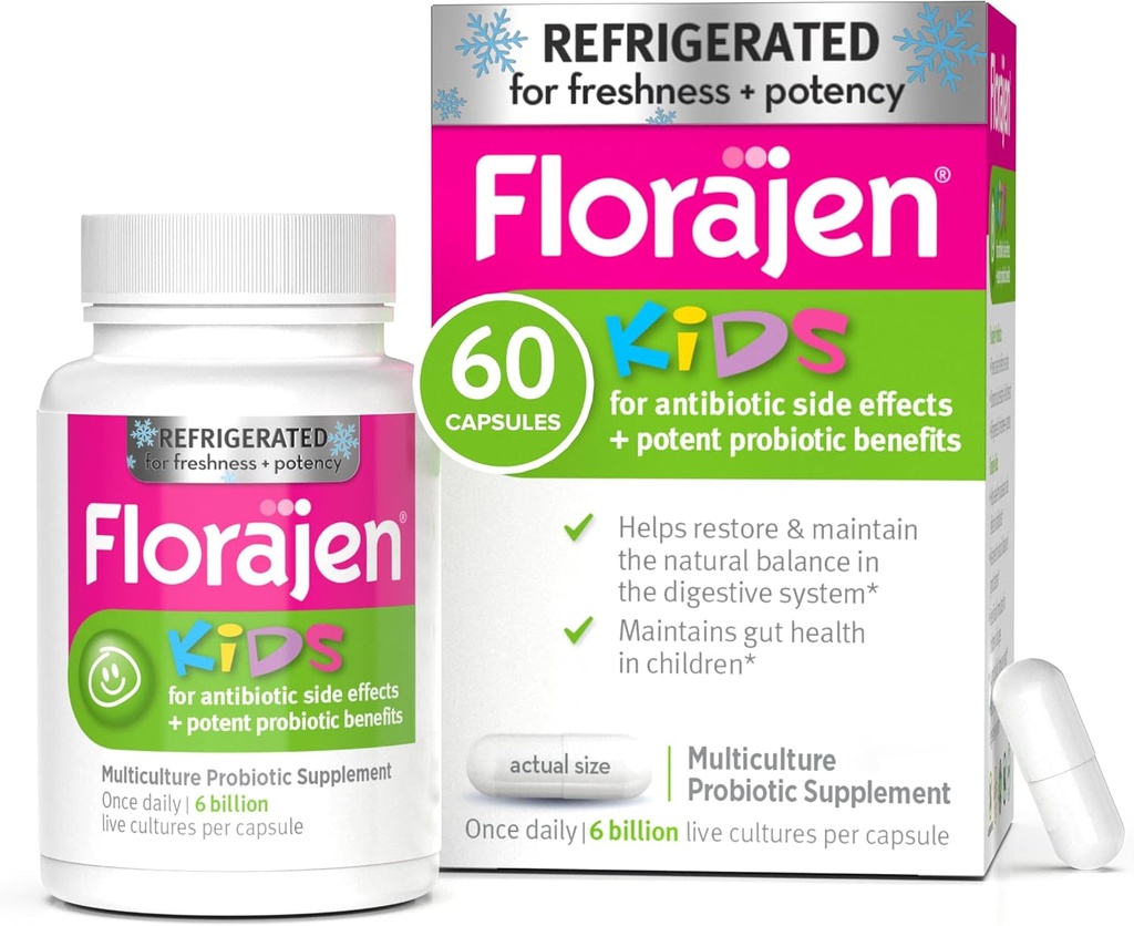 Florajen Kids Probiotic - Daily Gut & Immune Support for Children 6 Months & Up - Constipation, Bloating, & Digestive Relief - Refrigerated for Freshness & Potency - 60 Capsules