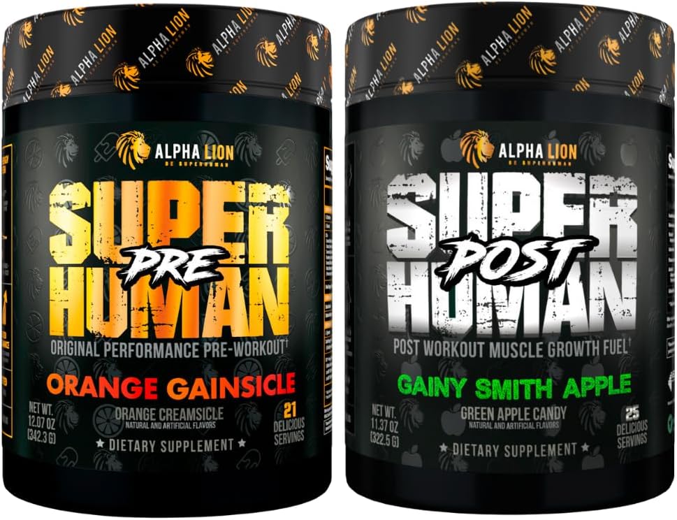 ALPHA LION Superhuman Pre Workout Powder & Post Workout Recovery Bundle, Contentive Energy & Focus + Lean μυϊκή ανάπτυξη, δύναμη & όγκος (Hulk Juice & Gainy Smith Apple)