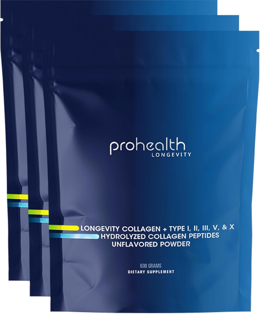 ProHealth Longevity Collagen Peptides Powder - για ανθρώπους άνω των 40. 20g Multi Collagen. 2g Pro-Collagen. Υαλουρονικό οξύ. Τύπος I, II, III, V, X για αρθρώσεις, οστά, μαλλιά, δέρμα, μύες, κόκκαλα - (3 Pack)