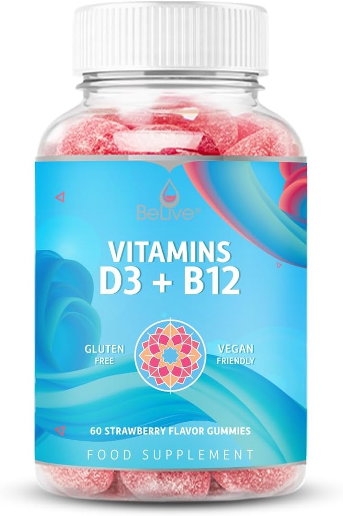 Belive Βιταμίνη D3 Gummies με B12 Βιταμίνες - 60 Ct I Ανοσοποιητική υποστήριξη Gummies με Vegan Βιταμίνη B12 & D3, Παρέχει Ενισχυμένη δύναμη των οστών και των μυών, την υγεία και την ενέργεια Hearth - Flavor Φράουλα