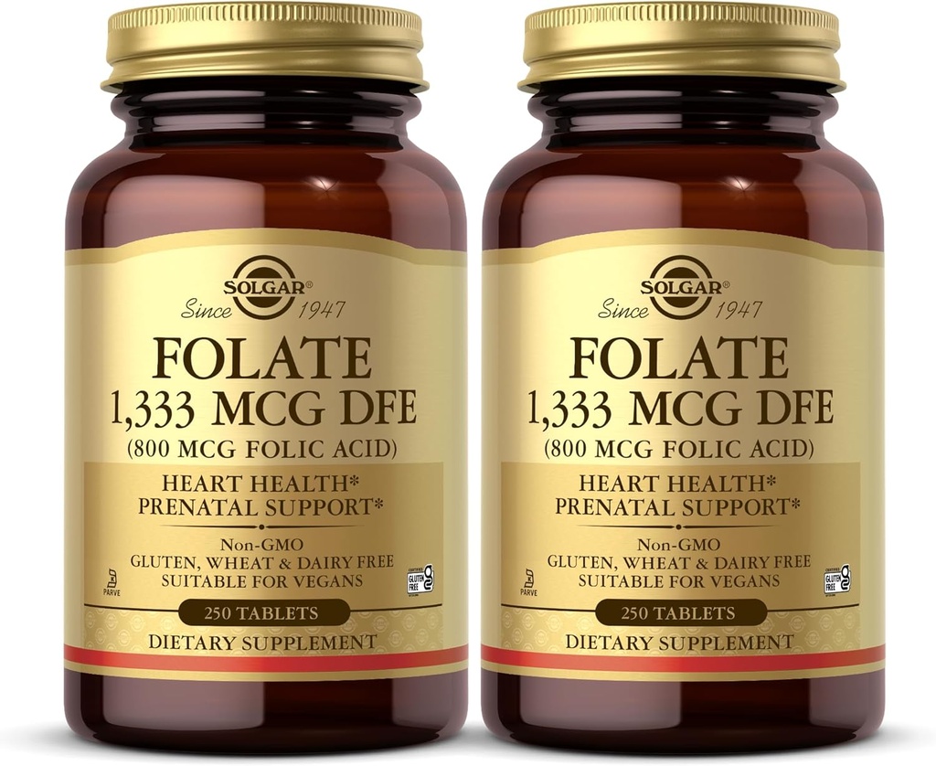 Solgar Folate 1, 333 mcg DFE (Folic Acid 800 mcg) - 250 δισκία, συσκευασία των 2 - Προγεννητική Υποστήριξη - Μη ΓΤΟ, Vegan, Χωρίς γλουτένη, Χωρίς γαλακτοκομικά, Kosher - 500 Σύνολο Σερβιρίσματος
