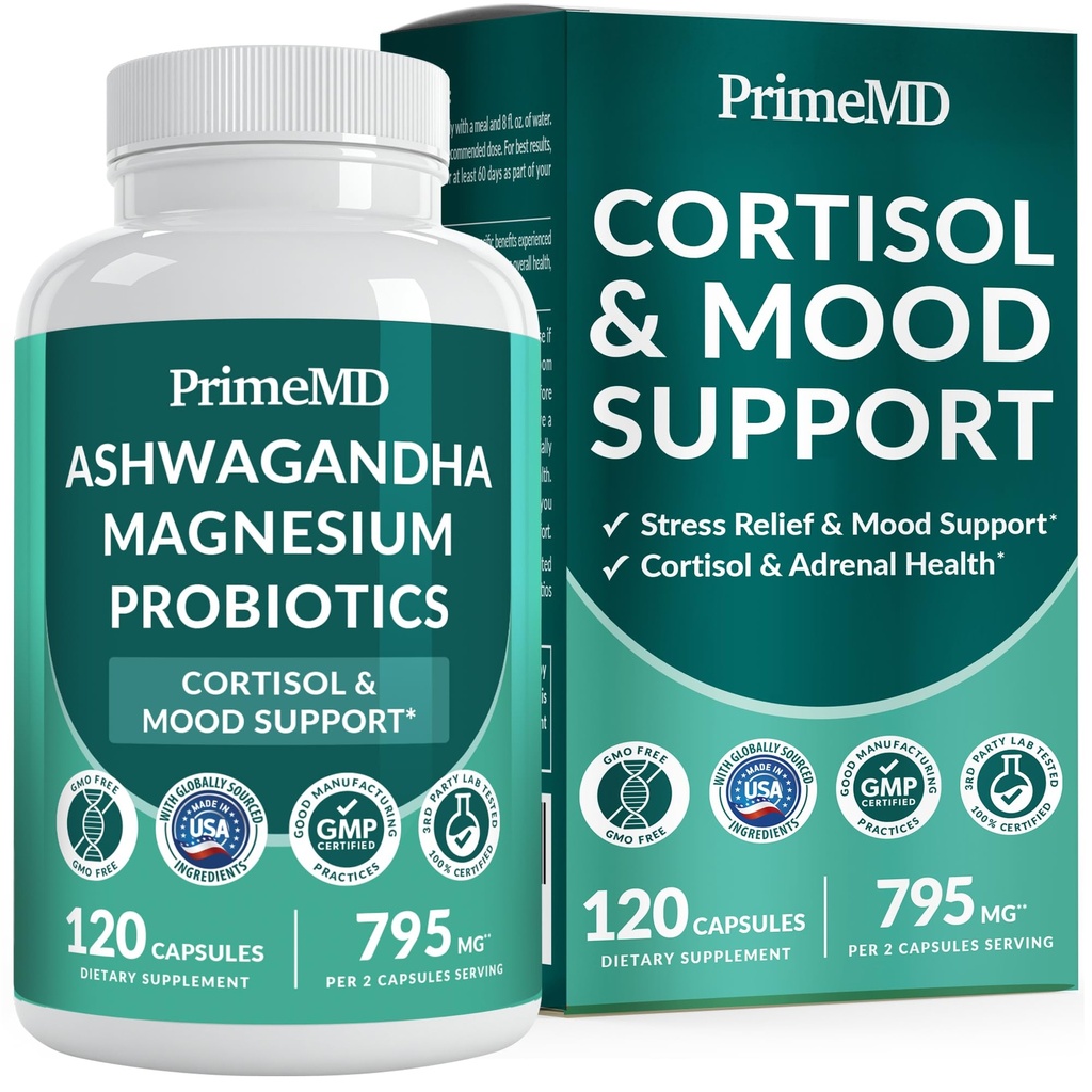 5-σε-1 Cortisol συμπλήρωμα για γυναίκες και άνδρες με Ashwagandha για την ηρεμία, εστίαση, και Adrenal συμπληρώματα υποστήριξης με εκχύλισμα Shilajit, γλυκινικό μαγνήσιο, προβιοτικά (120 ct) (πακέτο του 1)
