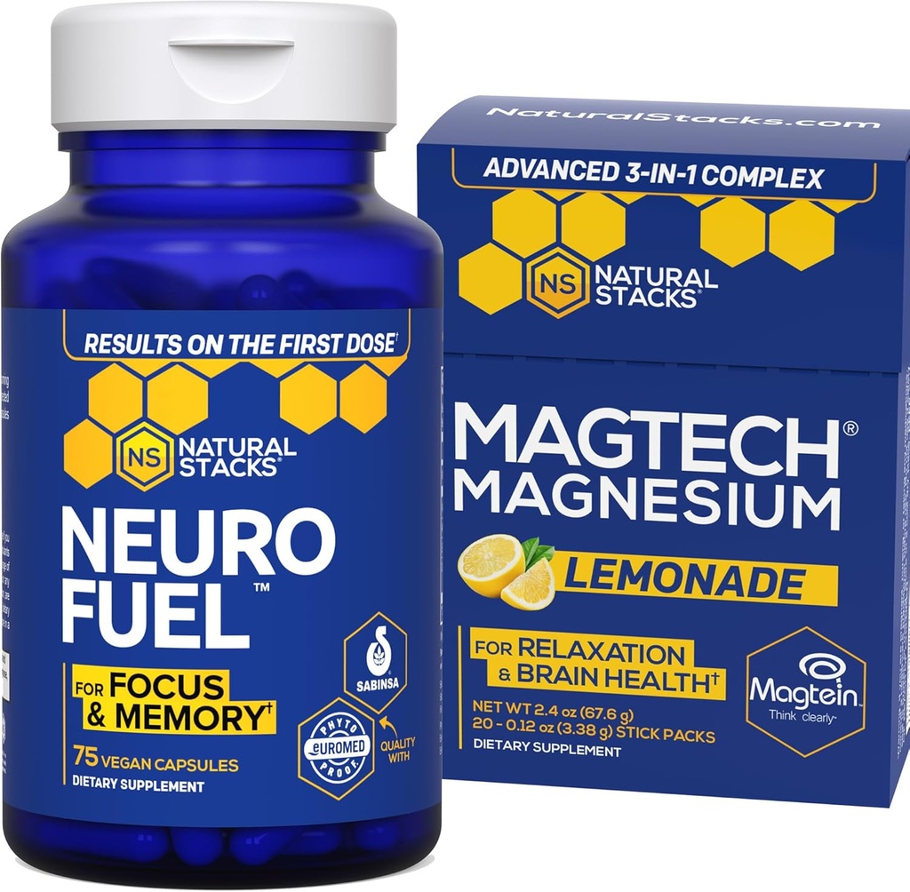 ΦΥΣΙΚΑ ΣΤΑΚΙΑ MagTech Μαγνήσιο Λεμονάδα + NeuroFuel Nootropic Bundle - Υποστηρίζει Focus & Brain Health* - 45 Σύνολο εξυπηρετήσεων