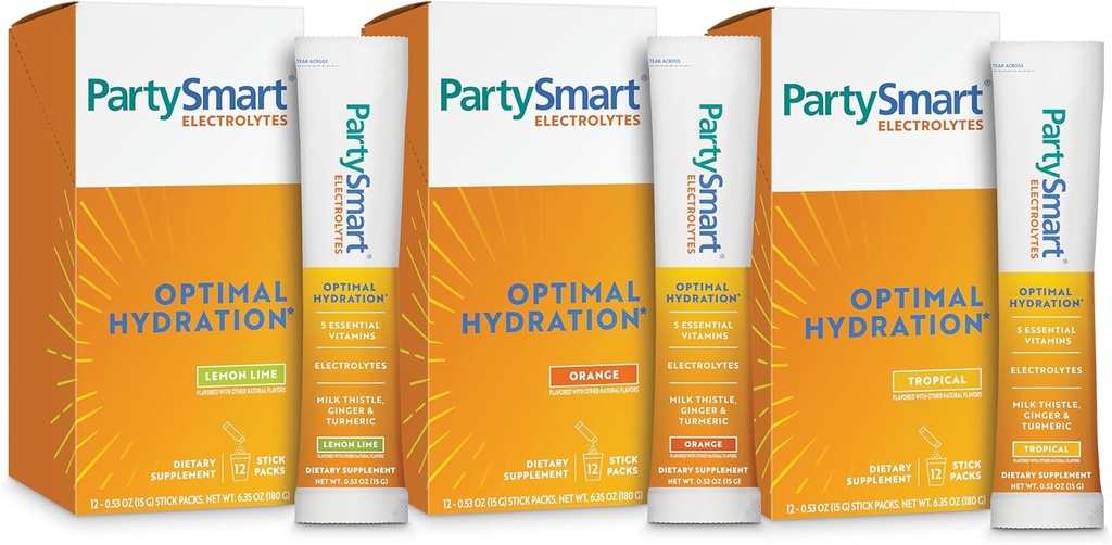 Himalaya PartySmart Electrolytes, Flavor Variety Pack - Supports Optimal Hydration with Vitamin C, B12, B6, Niacin and Milk Thistle - Vegan, Gluten Free, 1330 mg of 3 Key Electrolytes per Serving