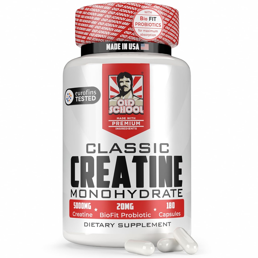 Παλαιά Σχολικά Εργαστήρια 5000mg Creatine Monohydrate Κάψουλες με BioFitTM (Max Strength) Υποστηρίζει την ανάπτυξη των μυών, την απόδοση, τη γνωστική υγεία - Χάπια δημιουργίας για άνδρες και γυναίκες, Made in USA 180 Caps