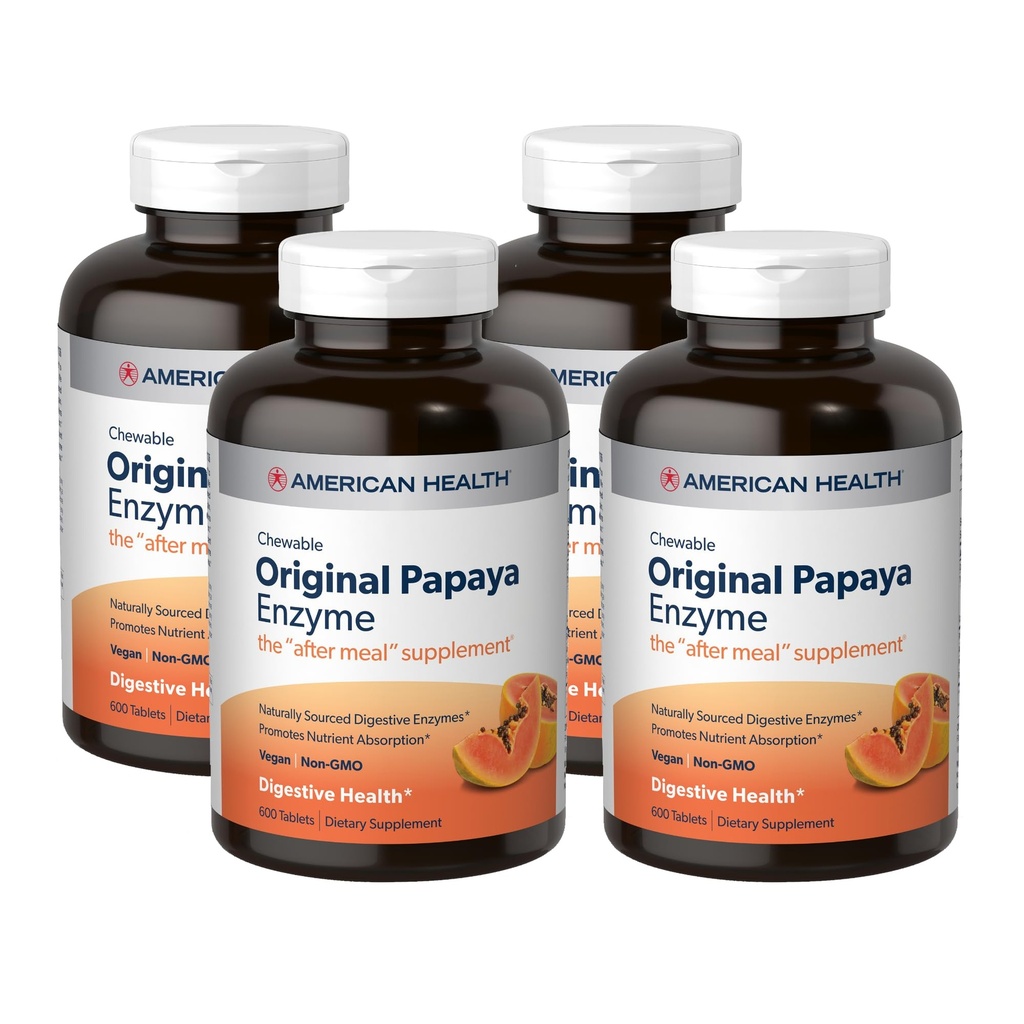 American Health Original Papaya Enzyme - 600 Μασώμενα Δισκία, Συσκευασία των 4 - Το συμπλήρωμα μετά το γεύμα - Μη ΓΤΟ, Vegan - 800 Σύνολο Υπηρεσίες