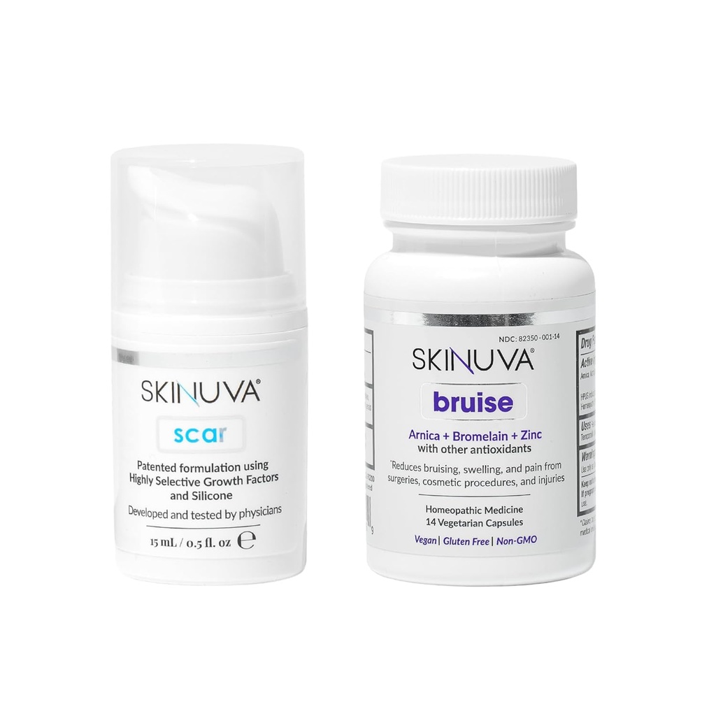Skinuva® Scar (0.5 oz) & Μώλωπες (14 κάψουλες) - Σύνθετη κρέμα σιλικόνης Formulated with Growth Factors & Ομοιοπαθητική μελανίαση Formedy with Arnica, Bromelain & Zinc