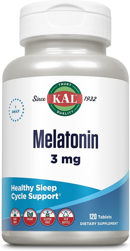 KAL Μελατονίνη 3mg Sleep Aid, Δισκία ταχείας διάλυσης μελατονίνης, Χαλαρωτική χαλάρωση και υγιής υποστήριξη κύκλου ύπνου, με προστιθέμενη βιταμίνη Β6, Vegan, Χωρίς γλουτένη, Μη ΓΤΟ, 120 μερίδες, 120 ActivTabs