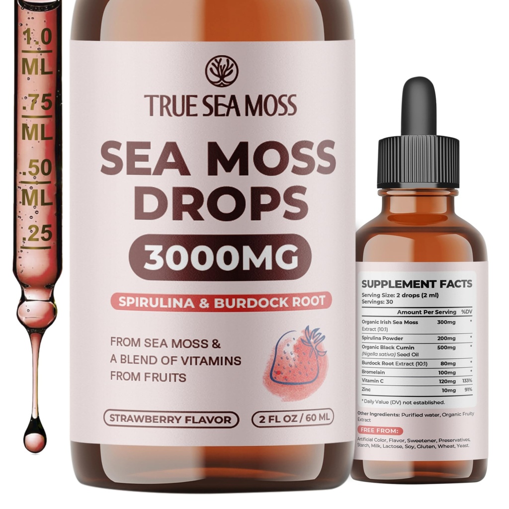 TrueSeaMoss Organic Irish Sea Moss Liquid Drops – Black Cumin Seed Oil, Spirulina, Burdock Root Extract, Vitamin C & Zinc – Strawberry Flavor – 30 Servings