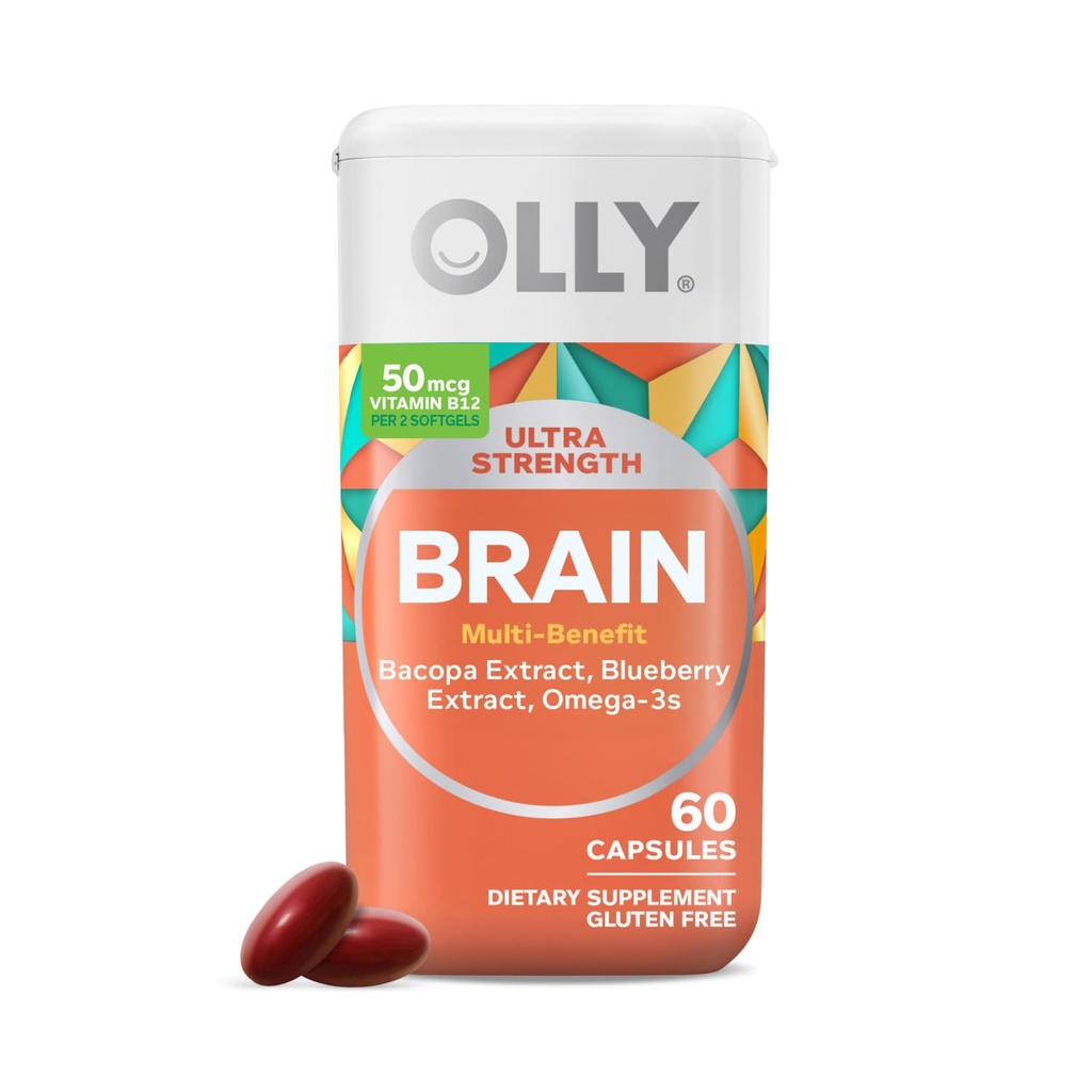 OLLY Ultra Strength Brain Softgels, Nootropic, Υποστηρίζει υγιή εγκεφαλική λειτουργία, μνήμη, εστίαση και συγκέντρωση, Omega-3s, Βιταμίνες B6 και B12, 30 ημέρες προσφοράς - 60 μέτρα