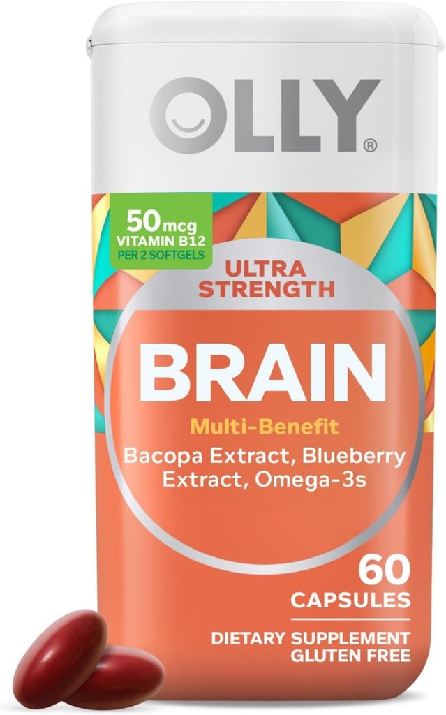 OLLY Ultra Strength Brain Softgels, Nootropic, Υποστηρίζει υγιή εγκεφαλική λειτουργία, μνήμη, εστίαση και συγκέντρωση, Omega-3s, Βιταμίνες B6 και B12, 30 ημέρες προσφοράς - 60 μέτρα