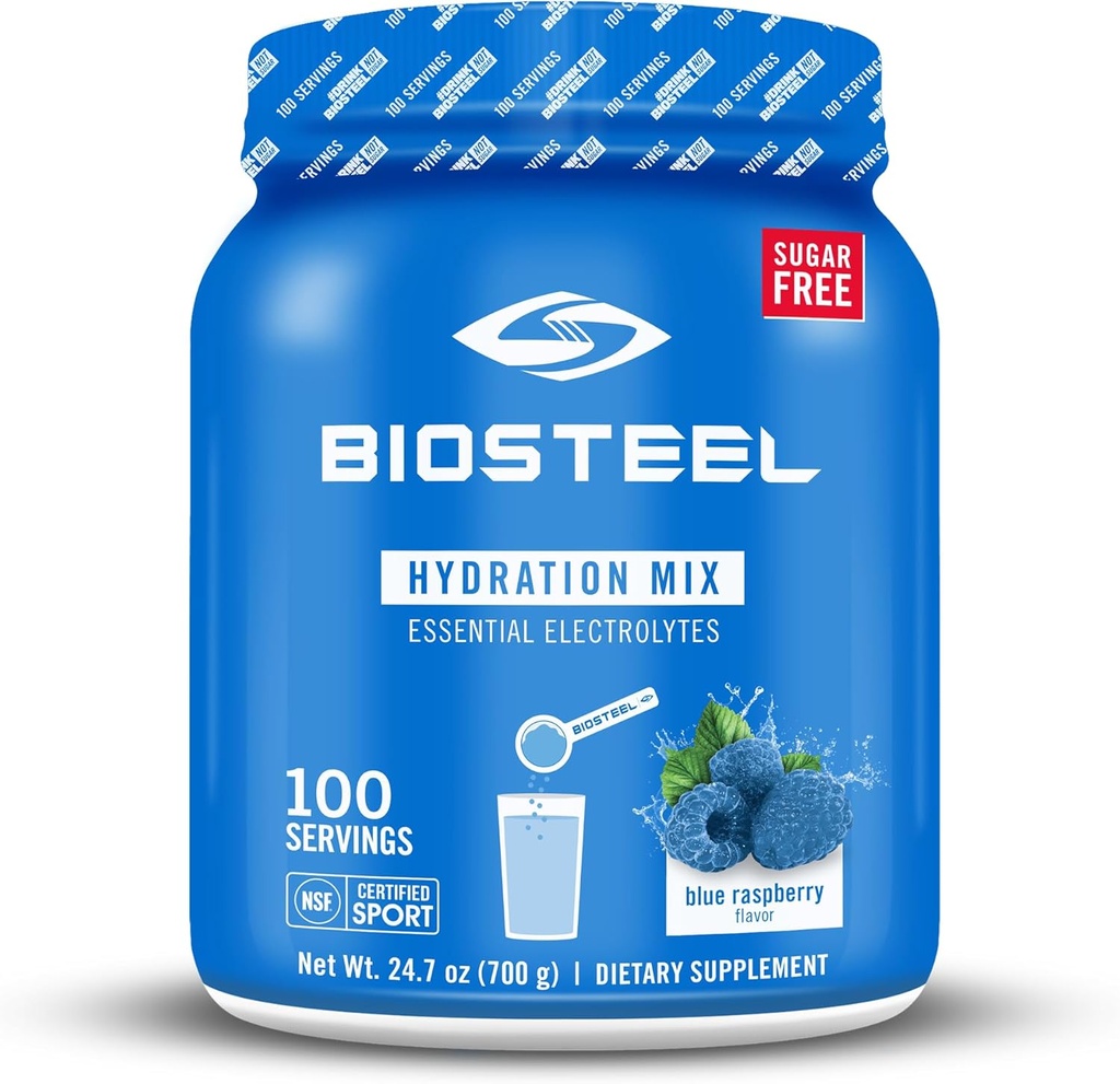 BioSteel Zero Sugar Hydration Mix, Great Tasting Hydration with 5 Essential Electrolytes, Blue Raspberry Flavor, 100 Servings per Tub
