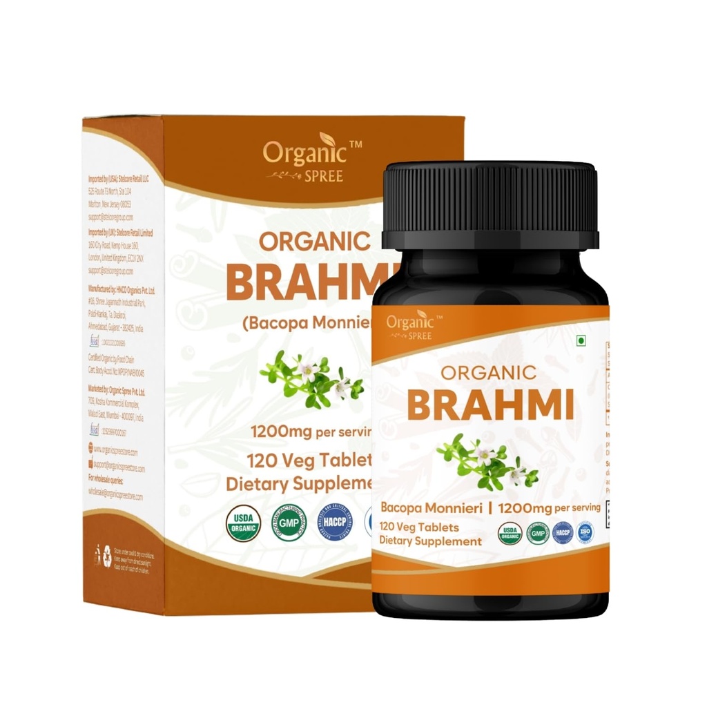 ORGANIC SPREE Brahmi 120 Tablets - USDA Organic Brahmi (Bacopa monnieri) Supplement, Supports Memory, Focus & Daily Wellness*
