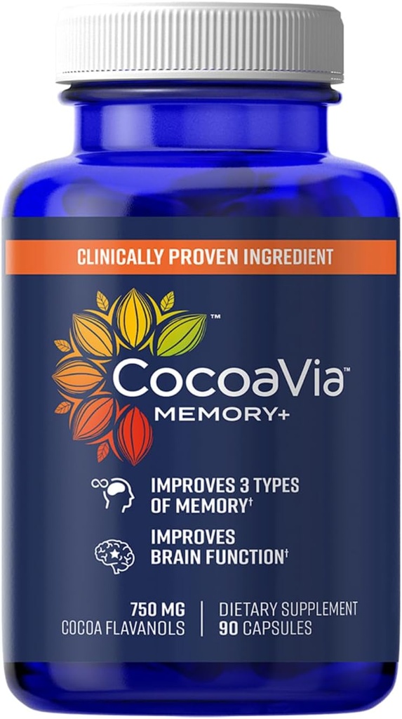 CocoaVia Memory+ Brain Supplement, Clinically Proven Memory and Brain Booster, Plant Based Supplement, Sugar Free, Gluten Free, Vegan, 750 mg Cocoa Flavanols Κάψουλες, 30 ημέρες προσφοράς