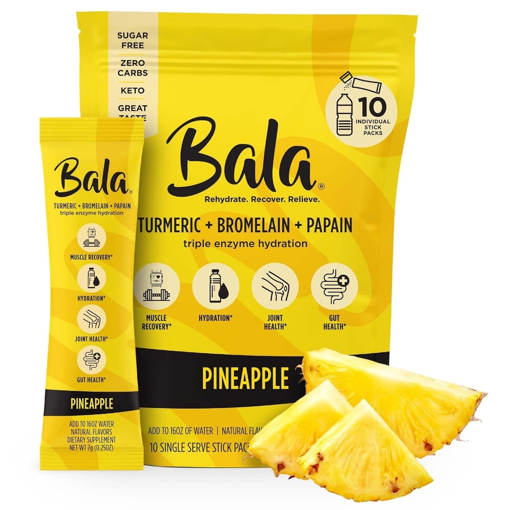 Bala Enzyme Hydration & Sugar-Free Drink Mix - Turmeric, Bromelain, Papain, Immunity, Mobility - Pineapple 0.25oz (10 Count)