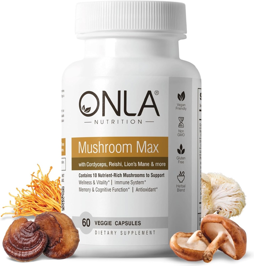ONLA Vegan Mushroom Supplement - 10 σε-1 Lions Mane Mushroom, Reishi Mushroom, Cordyceps, Shiitake - Mushroom Caps for Immune System, Natural Brain Supplements for Memory and Focus (60 Cap)