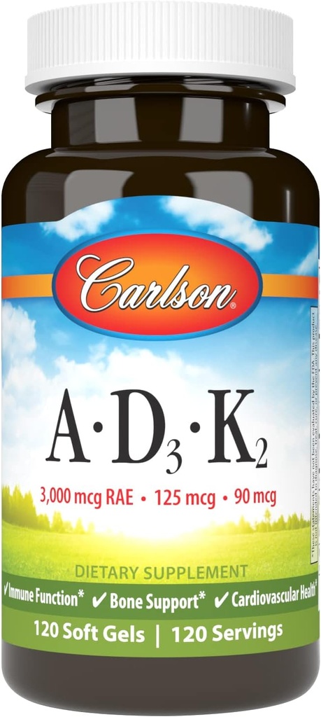 Carlson - Βιταμίνες A, D3, K2, 3000 mcg RAE Βιταμίνη A, 125 mcg Βιταμίνη D3, 90 mcg Βιταμίνη K2 ως MK-7, Κτίριο οστών, Χρήση ασβεστίου, 120 μαλακά τζελ